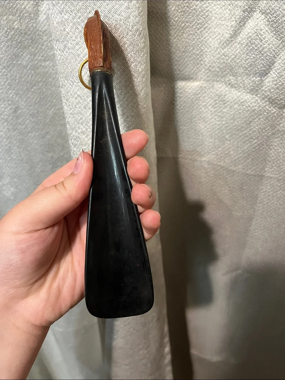 Vintage Handheld Black Shoe Horn with Brown horse Head Handle